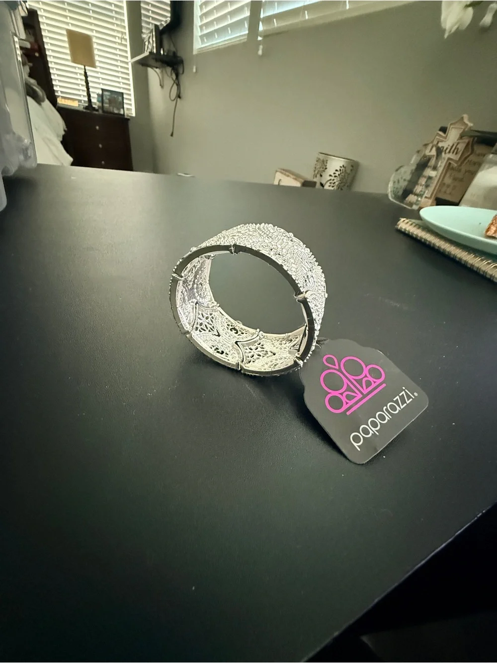 paparazzi Silver Filigree Crystal Stretch Bracelet